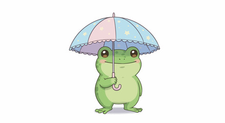 A green frog holds a pastel umbrella adorned with stars