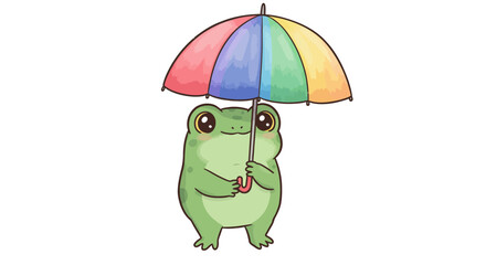 A cartoon frog stands holding a colorful striped umbrella