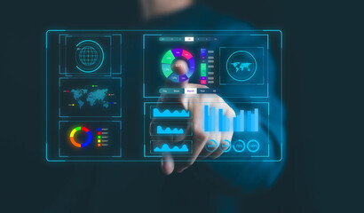 Businessman using futuristic AI data dashboard with colorful charts and global analytics interface, representing artificial intelligence, business intelligence, big data visualization, and digital.