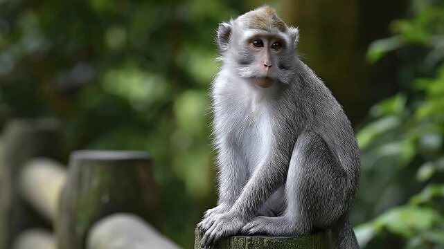 A gray monkey sits on a wooden post surrounded by green foliage
