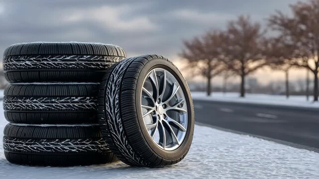 Winter tires stacked next to a road with snow, showcasing readiness for cold weather and safe driving in winter conditions