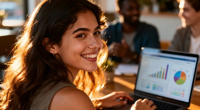 Portrait of a successful and confident young businesswoman smiling at the camera while working on data analysis charts on her laptop in a modern, sunlit office
