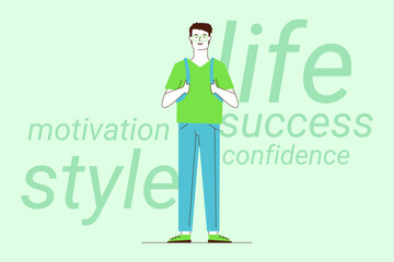 Person standing confidently on light green background, embodying motivation and success. Words like life, style, and confidence emphasizing personal growth