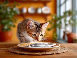 Thenhungry cat jumped into the kitchen table, intently looks at the crisp fish dish, wanting to steal and eat a fish, a cunning animal