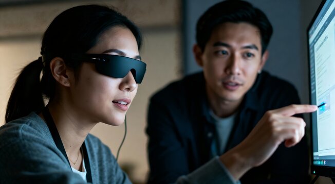 Colleagues in a dark office working on a project, with the woman wearing advanced augmented reality glasses for enhanced data visualization