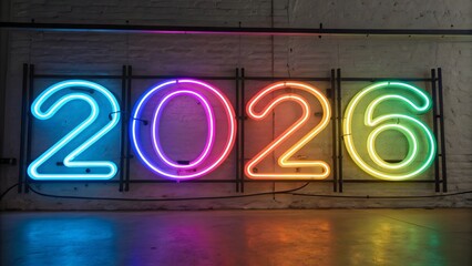 happy new year 2026 glowing in rainbow neon tubes