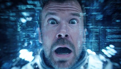 Stressed man's face, wide-eyed, amidst digital data stream; sci-fi, technology, immersion