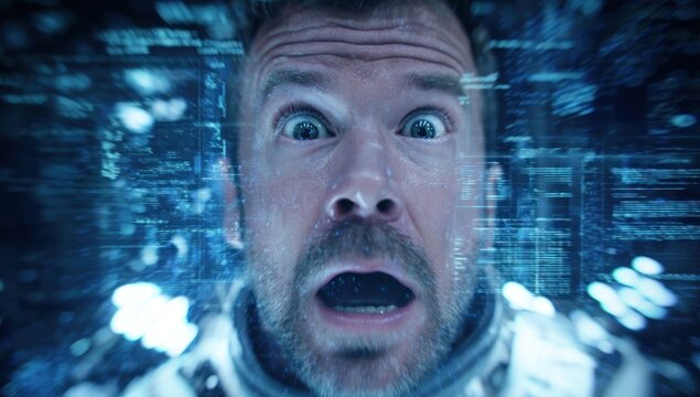 Stressed man's face, wide-eyed, amidst digital data stream; sci-fi, technology, immersion