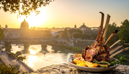 Roasted lamb ribs with sunset view of Rome