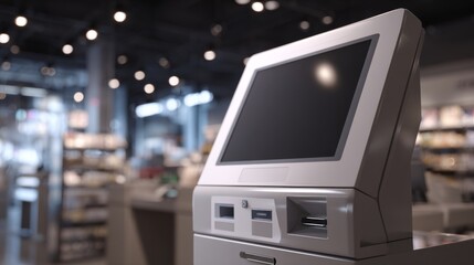 A modern self-service kiosk in a retail environment, featuring a sleek design and a clear touch screen for user interaction.