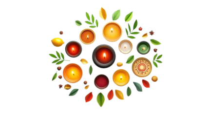 Diwali festive candles and decor on transparent background