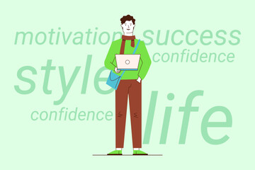 Young man standing confidently with laptop. He wearing stylish outfit and holding bag, surrounded by words like motivation and success, emphasizing positive lifestyle
