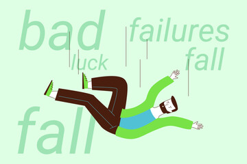 Person falling against green background. Words like bad, luck, failures, and fall surrounding him, emphasizing struggles and setbacks in life