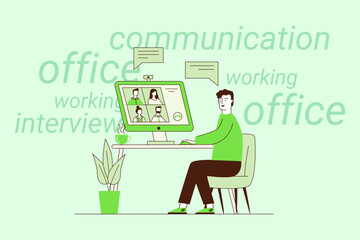 Person sitting at desk in home office, using computer for video call. Plants decorating workspace, creating peaceful environment. Virtual communication and collaboration concept