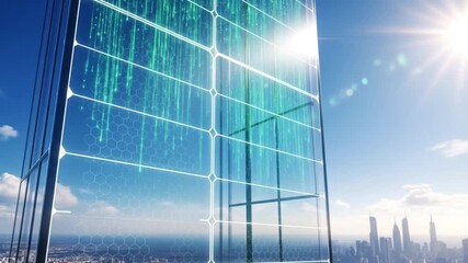 Gleaming modern skyscraper facade integrating advanced solar energy panels with dynamic digital data streams, symbolizing sustainable technology and urban innovation for a brighter future - Powered by Adobe