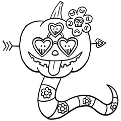halloween Playful cartoon pumpkin with cute hearts and a flower. in doodle line style