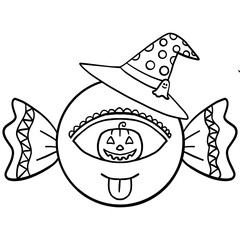 halloween Halloween-themed candy illustration with a witch hat. in doodle line style
