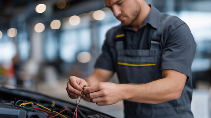 Mechanic hands adjusting complex wiring in a hybrid car showcase the intersection of traditional repair skills and cutting-edge electric vehicle technology, reflecting innovation and technical