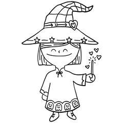 halloween Cute cartoon witch casting a spell with a wand. in doodle line style