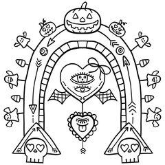 halloween Halloween-inspired illustration with ghosts and hearts. in doodle line style