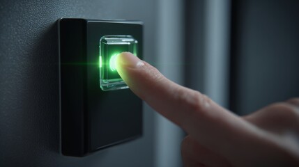 A close-up of a human finger pressing a green-lit biometric fingerprint scanner, symbolizing security and technology.