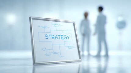 Two professionals discussing business strategy, with a focus on a framed strategy diagram in the foreground.