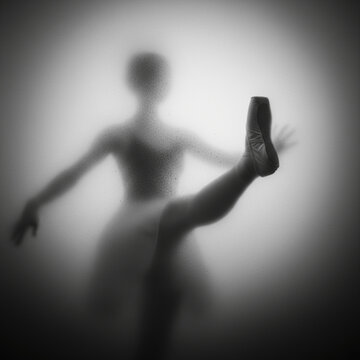 Ballerina in posa artistica dietro vetro sfocato, immagine poetica in bianco e nero
