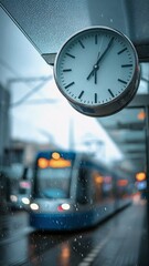 Clock showing the time on a rainy day at a public transport station, with a tram arriving in the background, conveying concepts of punctuality, urban commute, and waiting