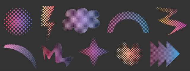 Halftone abstract geometric set dotted y2k trendy decoration. Gradient retro pixel, grain effect. Pop art style dotted hearts, isolated on white 