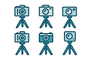 Obraz premium Set of six outline style digital camera icons mounted on tripods for photography and video recording