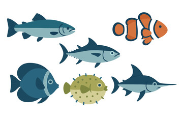 Various marine fish species collection including tuna, clownfish, and swordfish