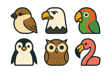 Six stylized colorful bird icons set featuring sparrow eagle parrot penguin owl flamingo