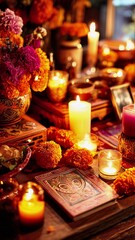 Traditional d&iacute;a de muertos altar featuring vibrant marigold flowers, burning candles, a decorative book, and offerings, creating a spiritual atmosphere reflecting cultural remembrance