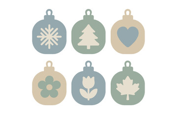 Six modern seasonal baubles featuring nature and holiday symbols in muted pastel tones