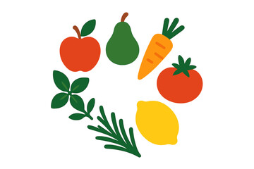 Circular arrangement of fresh fruits, vegetables, and herbs symbolizing healthy eating and cooking