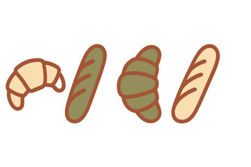 Minimalist set of French bakery items including croissants and baguettes in a flat graphic style