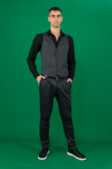 Professional collection of attractive European man in elegant business suit vest and black shirt green chroma key background expressing various emotions gestures and confident movements ideal for ad