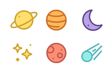 Set of six colorful space icons including planets, crescent moon, stars, and comet