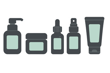 Minimalist set of cosmetic packaging containers including pump bottle dropper jar spray tube