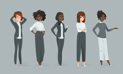 Confident businesswoman characters in five cartoon poses.  Vector set on gray background.