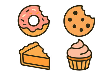 Set of bitten sweet desserts including donut, cookie, pie, and cupcake