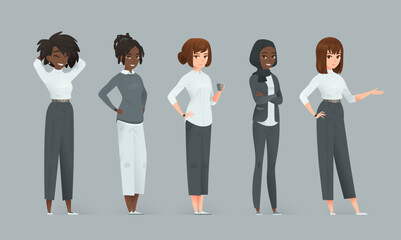 Confident businesswoman characters in five cartoon poses.  Vector set on gray background.