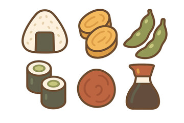 Cute traditional Japanese food items including sushi, onigiri, tamagoyaki, and soy sauce