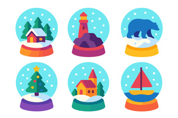 Collection of six colorful snow globes featuring winter, holiday, travel scenes, cabin, lighthouse, and polar bear