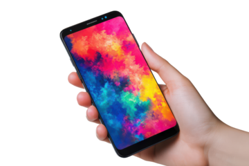 Hand holding a modern smartphone with a vibrant abstract wallpaper isolated on transparent background. Mobile phone screen mockup isolated on white background.