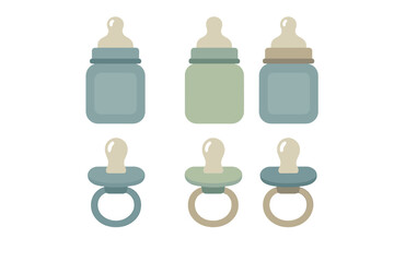 Collection of essential baby feeding bottles and soothing pacifiers in muted pastel colors