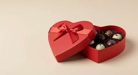 Heart-shaped gift box filled with assorted chocolates on neutral background  