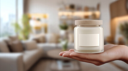 Hand Holding Glass Candle Jar with Wood Lid and Blank Label Mockup