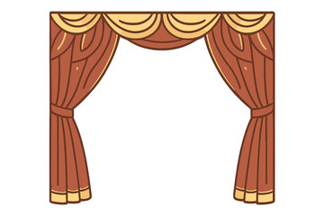 Elegant theatrical stage curtains tied back with a decorative swag valance in brown and gold colors