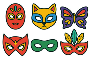 Colorful festive masks set featuring cat, superhero, and traditional masquerade designs